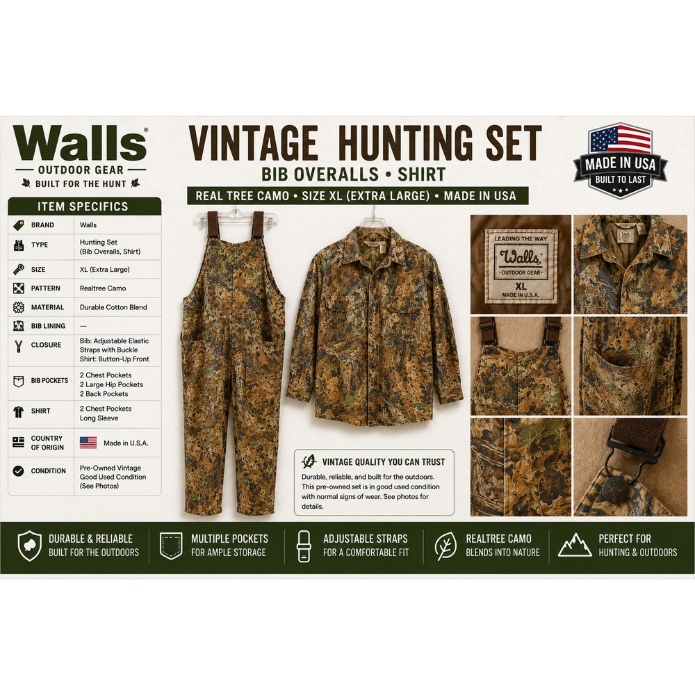 Walls Outdoors Camo Hunting Set Advantage Timber Shirt L Bib Overalls XL Regular